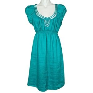 Max Studio Teal 100% Linen Ladder Lace Cut Out Empire Waist Dress Large
